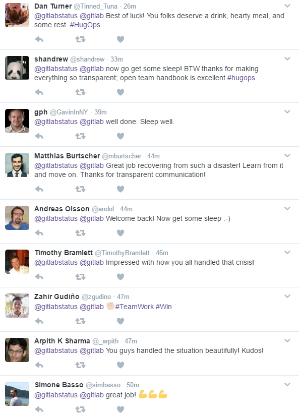 An outpouring of positive sentiment greeted GitLab's admins when the service came back online.